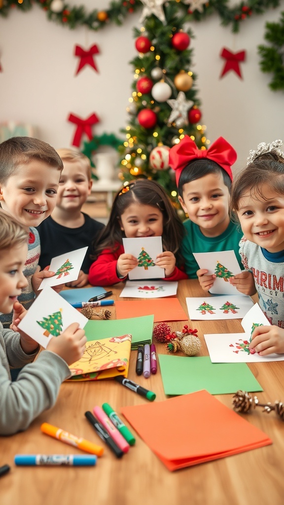 Children crafting Christmas cards with colorful materials and decorations.